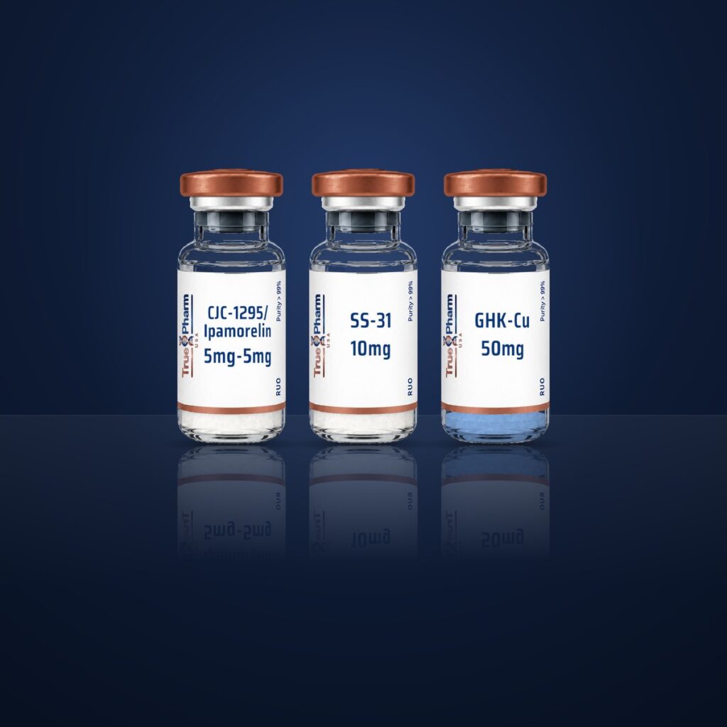 Elite Research Protocol vials on a dark navy surface