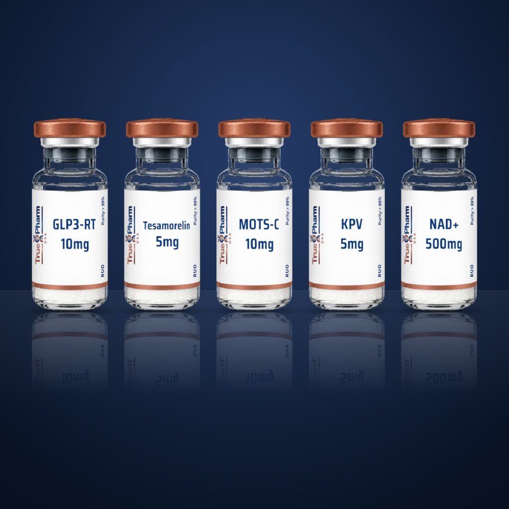Metabolic Research Protocol vials on a dark navy surface