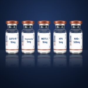 Metabolic Research Protocol vials on a dark navy surface