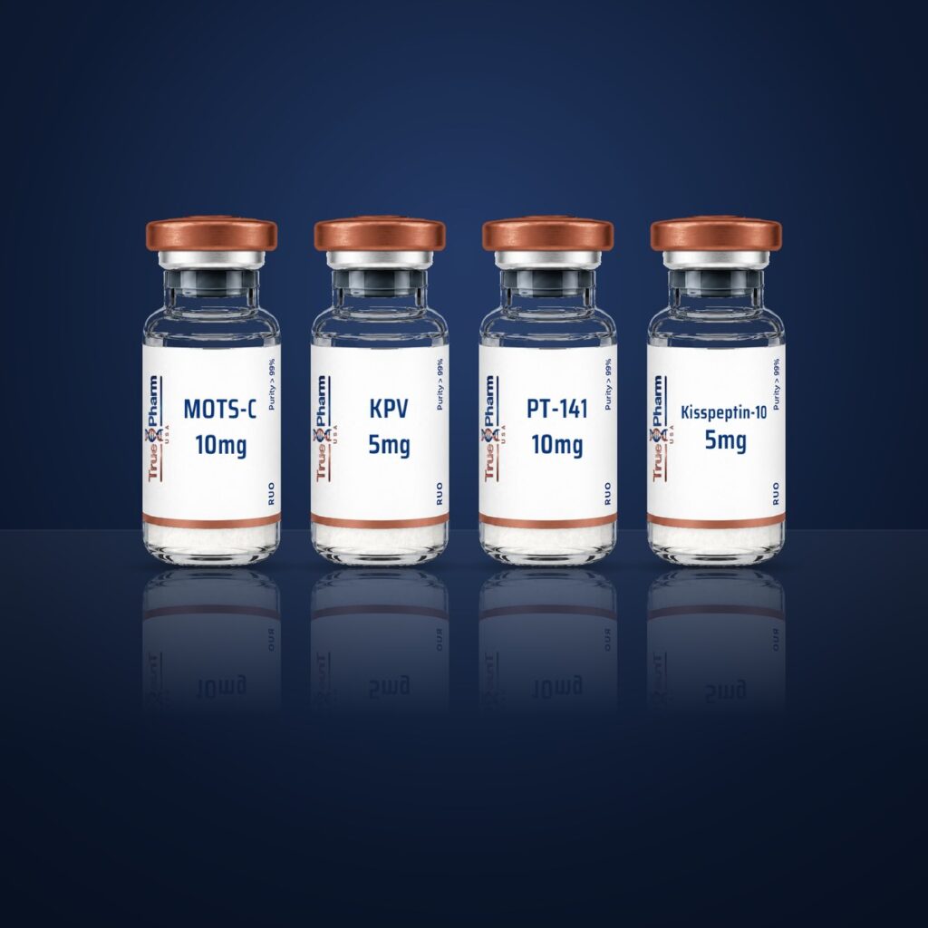 Neuroendocrine Research Protocol vials on a dark navy surface