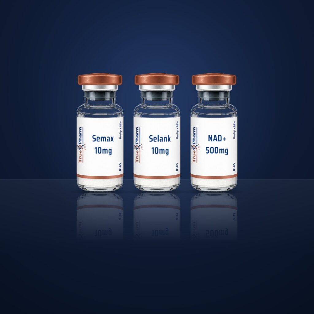 Neuropeptide Research Protocol vials on a dark navy surface