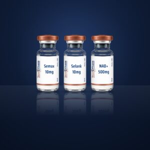 Neuropeptide Research Protocol vials on a dark navy surface