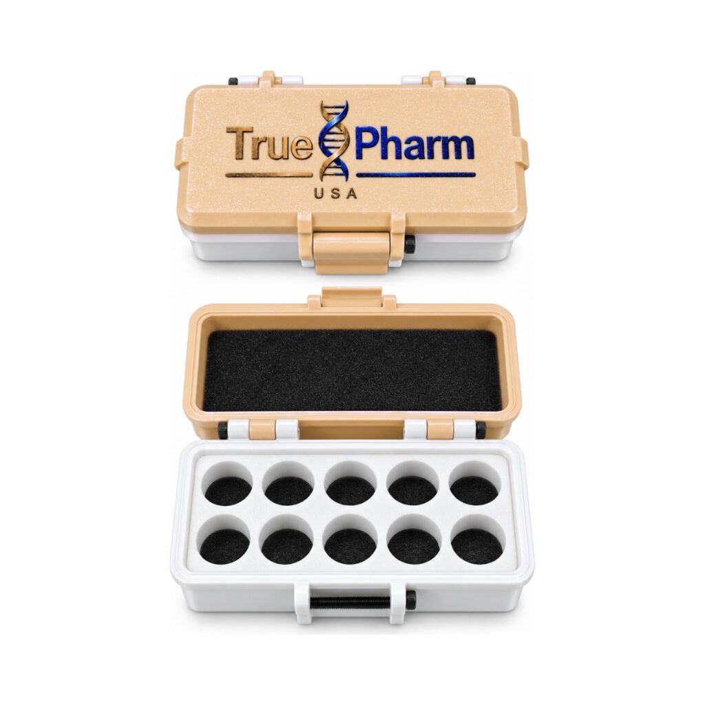 TruePharm USA 10-slot storage case, tan, open