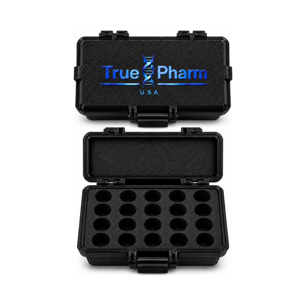 TruePharm USA 20-slot storage case, black, open