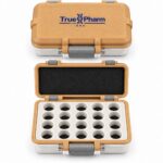 TruePharm USA 20-slot storage case in tan and white, closed lid above and open case with 20 vial slots below