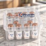 TruePharm USA clear snap lid box holding ten vials, four in the back, two in the middle and four in the front, with the copper and navy lid logo