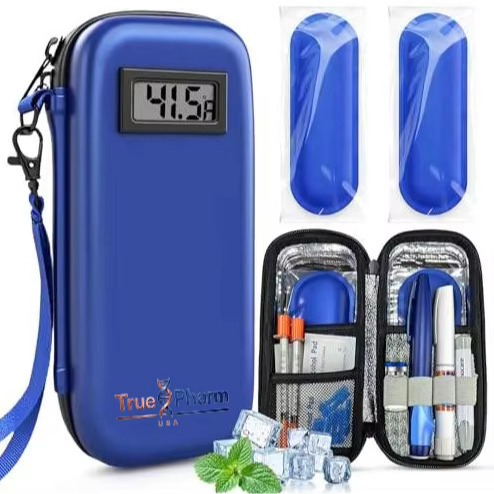 TruePharm cooler storage case with digital temperature display, two ice packs and the open case holding vials and pens